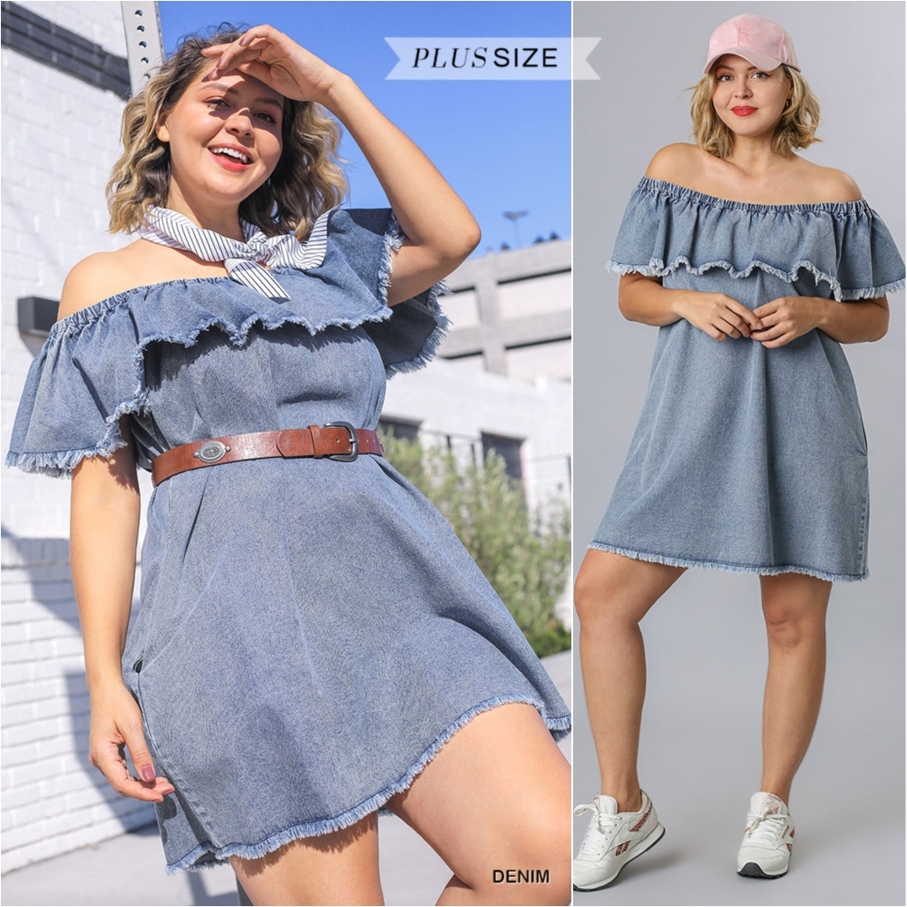 Off Shoulder Ruffled Denim Dress